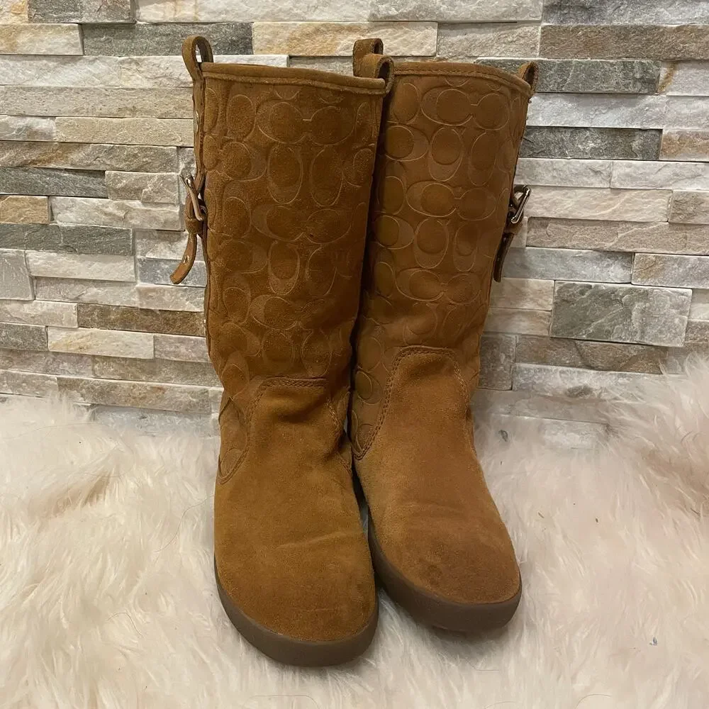 Coach Tulip Tullip Boots 8.5 | Honey Tan Suede Leather Fur, Signature C Embossed
